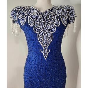 Vintage Scala Silk Beaded Fringe Blue Dress Party Cocktail Mermaid Flapper Sz PS